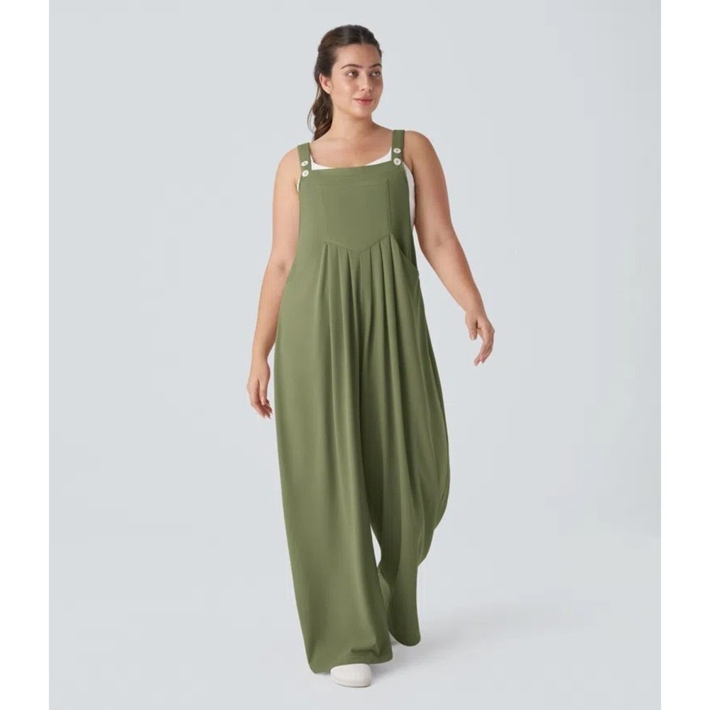 Halara Jumpsuit Women's XL Green Sleeveless Square Neck Button Strap Pockets